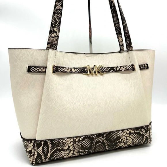 Michael Kors Reed Large Tote Bag Snakeskin Cream/Black - Picture 2 of 12